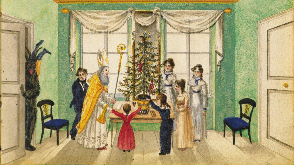 A drawing from Austria showing a Christmas party in 1820, a family stand in a room with green walls and ornate curtains, around a Christmas tree. They meet St Nicholas and Krampus is standing at the door. 