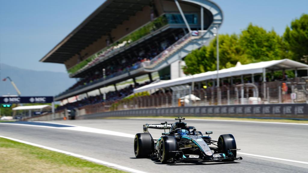 Mercedces' George Russell on the start-finish straight in first practice for the Barcelona-Catalunya Grand Prix