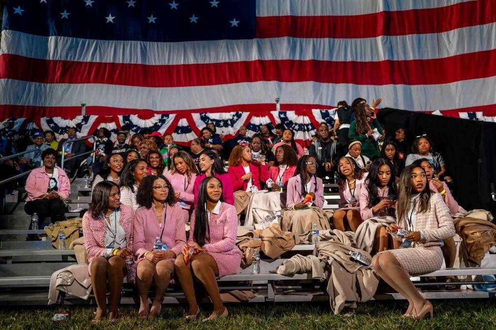 Women with Alpha Kappa Alpha Sorority Inc. sit together ahead of an election night event held by Democratic presidential nominee, U.S. Vice President Kamala Harris at Howard University on November 05, 2024 in Washington, DC. 