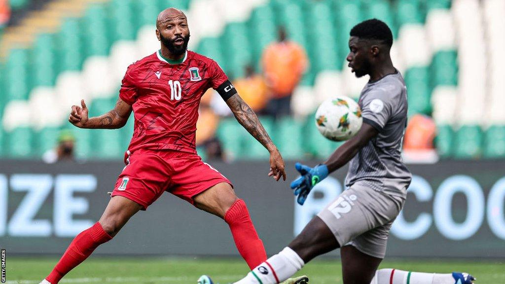 Equatorial Guinea forward Emilio Nsue scores during the Africa Cup of Nations 2023 Group A match between Equatorial Guinea and Guinea-Bissau