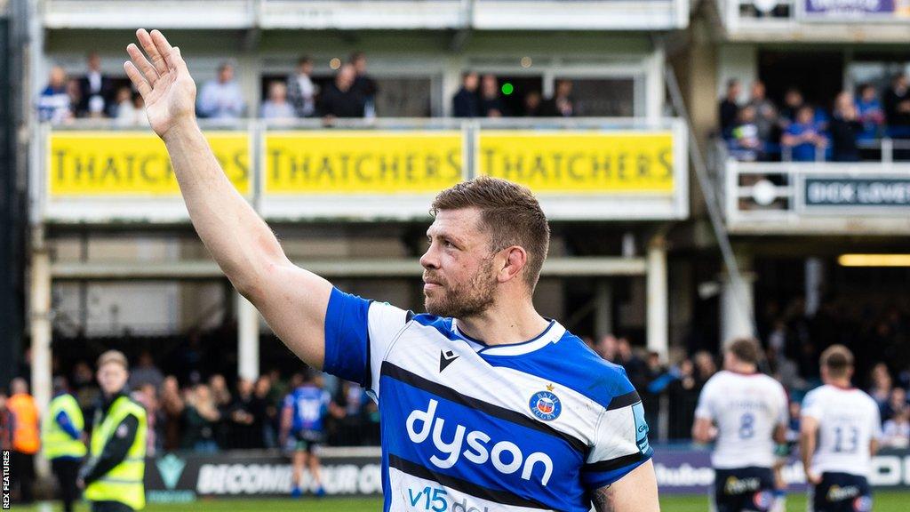 Dave Attwood waves to the crowd at the Recreation Ground following his final appearance for Bath