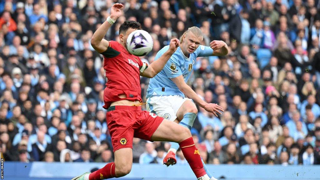 Erling Haaland scores his fourth goal for Manchester City against Wolves