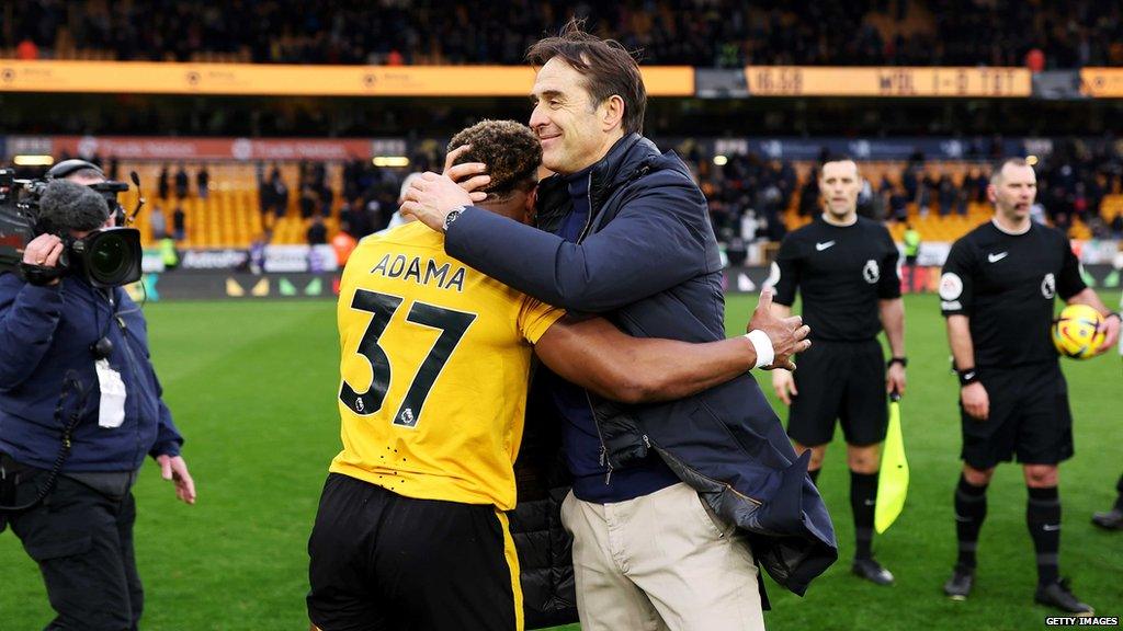 Wolves coach Julen Lopetegui embraces Adama Traore