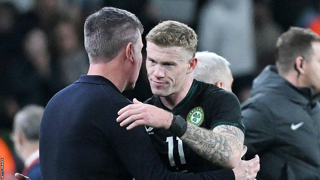 Stephen Kenny and James McClean hug