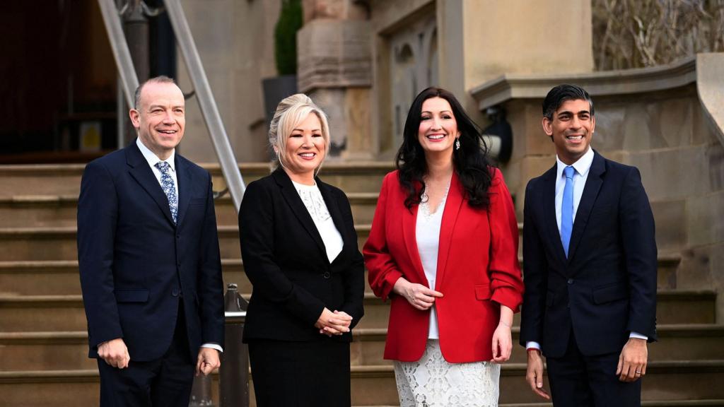 Chris Heaton-Harris, Michelle O'Neill, Emma Little-Pengelly and Rishi Sunak at Stormont Castle