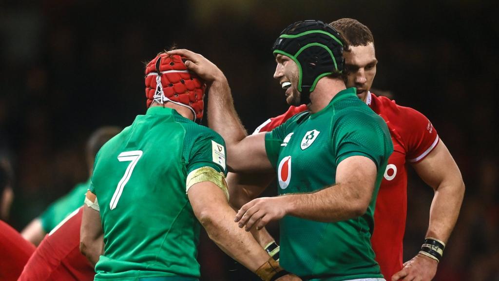 Josh van der Flier of Ireland is congratulated by team-mate Caelan Doris