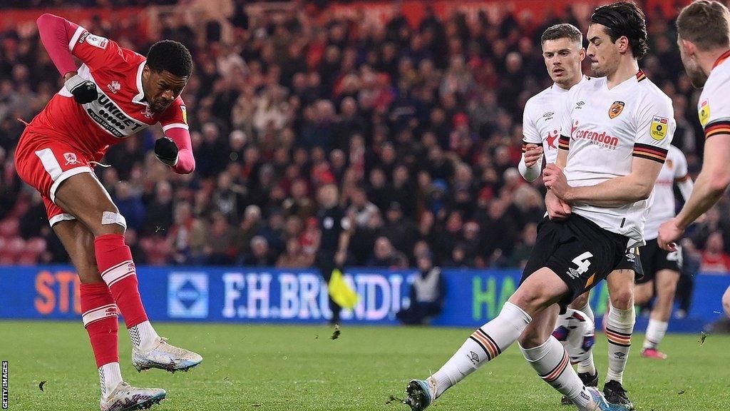 Chuba Akpom scores his 29th goal of the season for Middlesbrough