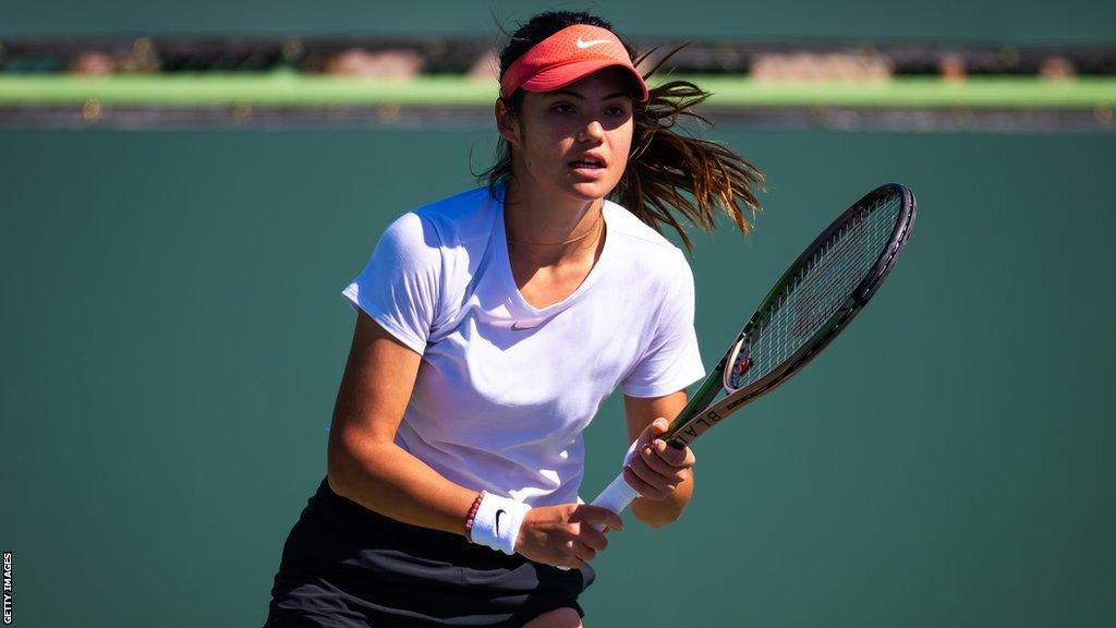 Emma Raducanu on practice court at Indian Wells