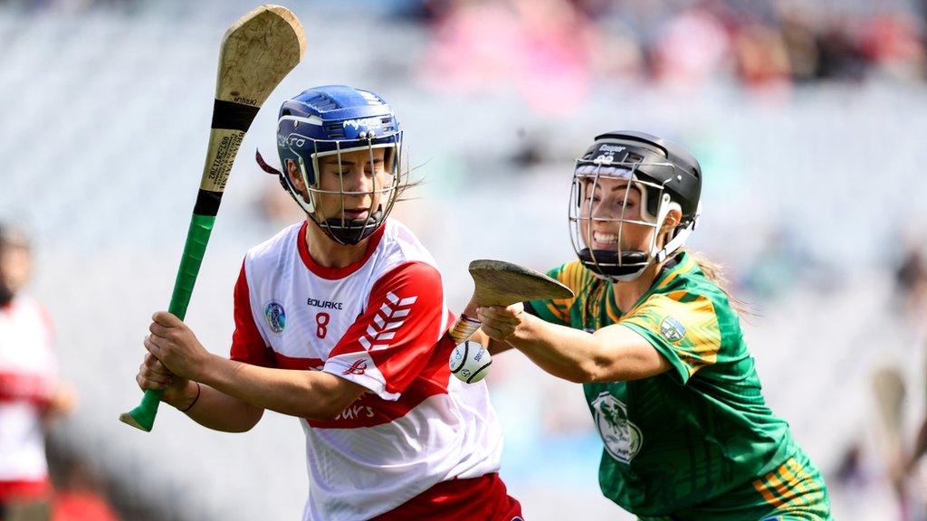 Derry's Dervla O’Kane comes under pressure from Niamh Daly at Croke Park