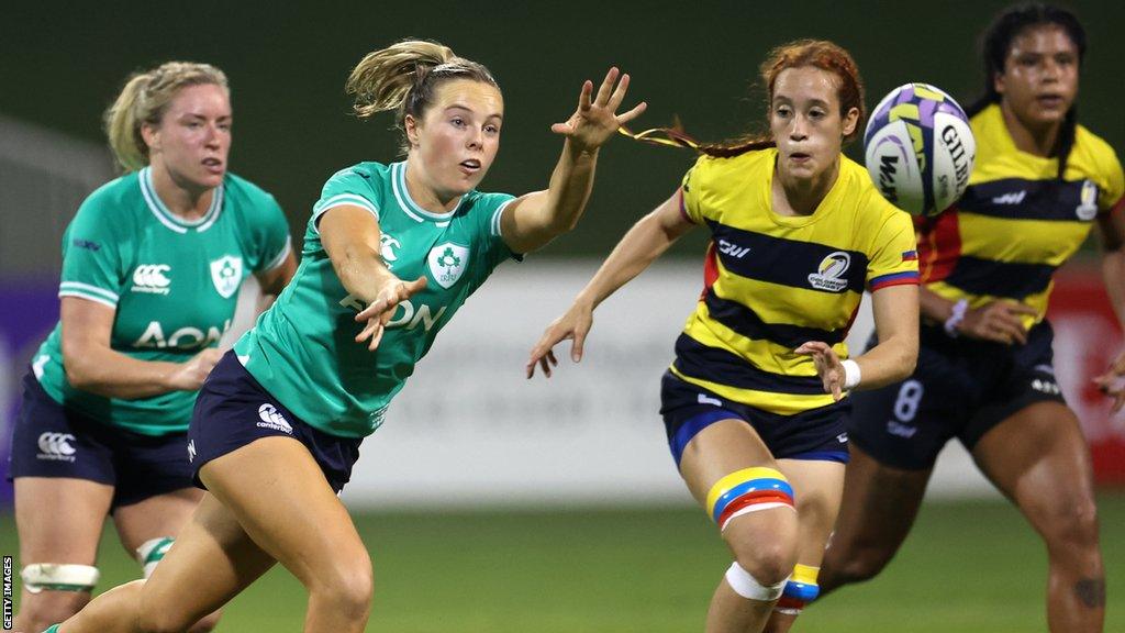 Aoibheann Reilly passes for Ireland in Saturday's victory over Colombia in Dubai