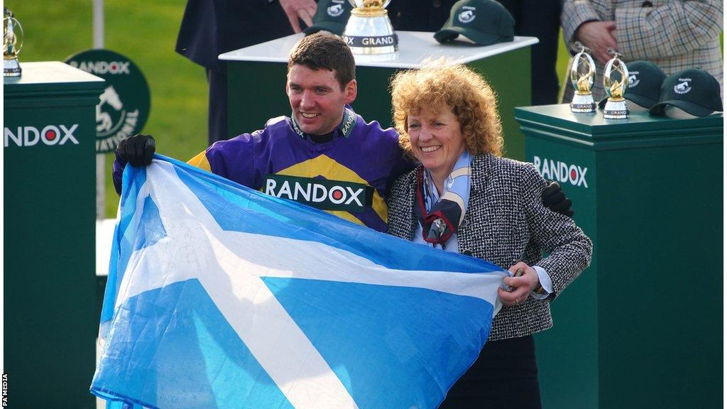 Derek Fox and Lucinda Russell celebrate after Corach Rambler's win in the Grand National