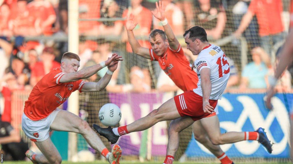 Tyrone's Darragh Canavan attempts a shot at Healy Park