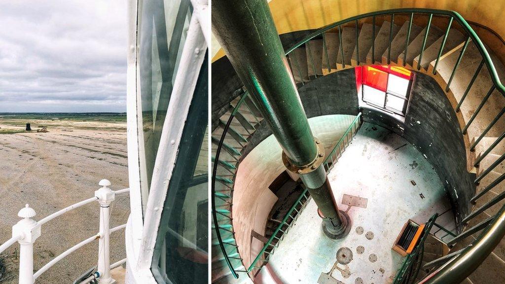 View from the top of Orfordness Lighthouse in 2018 and looking down from the spiral staircase towards the "sectored light" landing