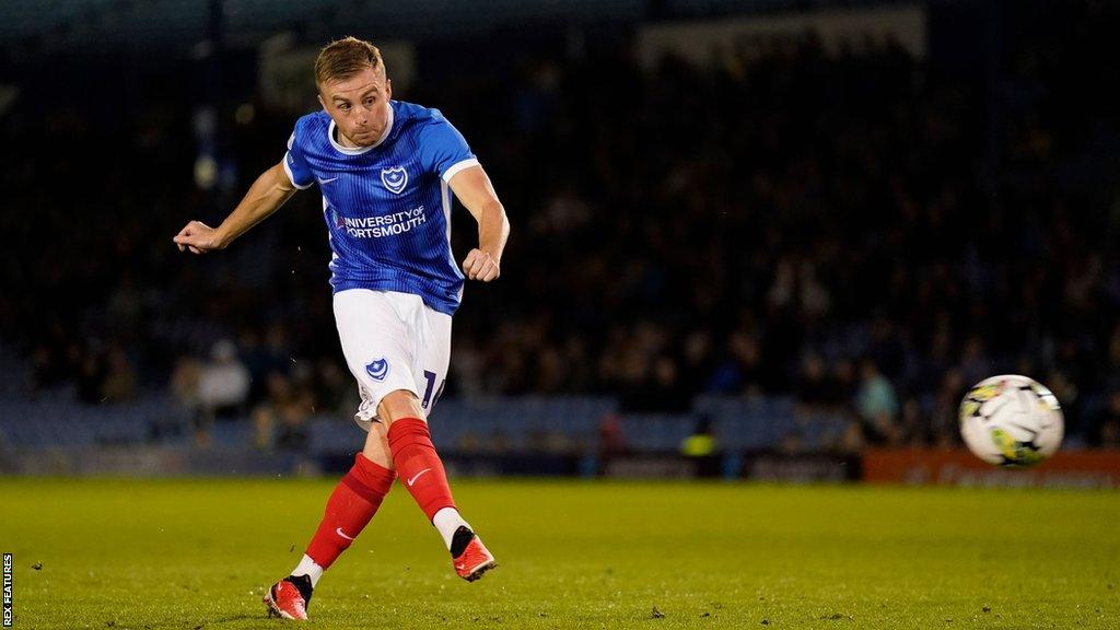 Joe Morrell takes a penalty for Portsmouth