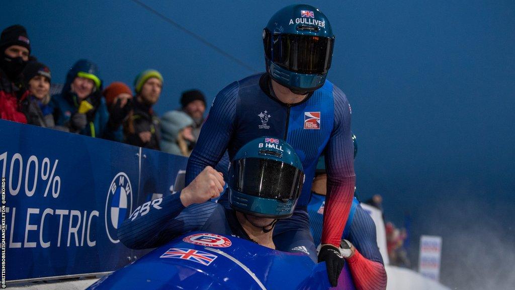 Arran Gulliver in the bobsleigh after winning World Cup gold in Lake Placid