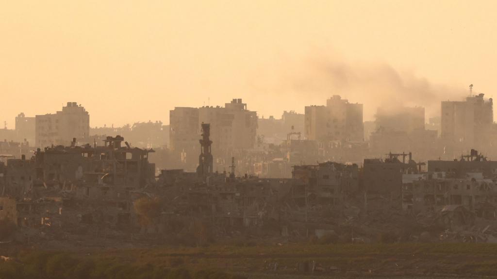 Smoke billows in the northern part of the Gaza Strip, as seen from Sderot, Israel, 10 November 2023.