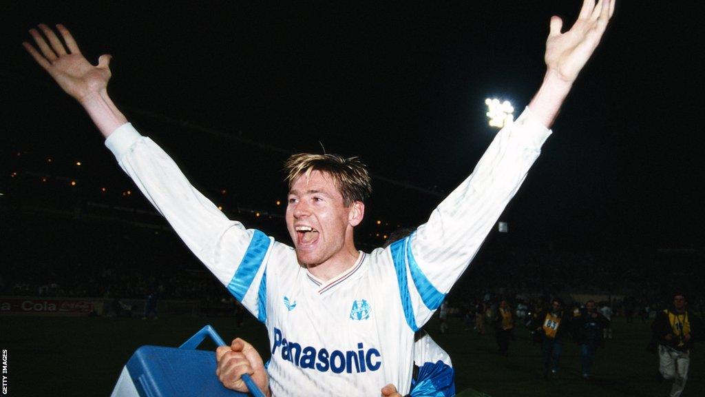 Chris Waddle celebrating in a Marseille shirt