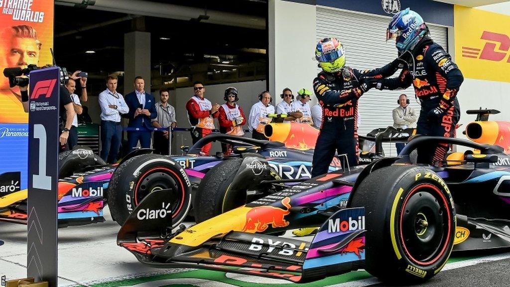 Sergio Perez congratulates Max Verstappen