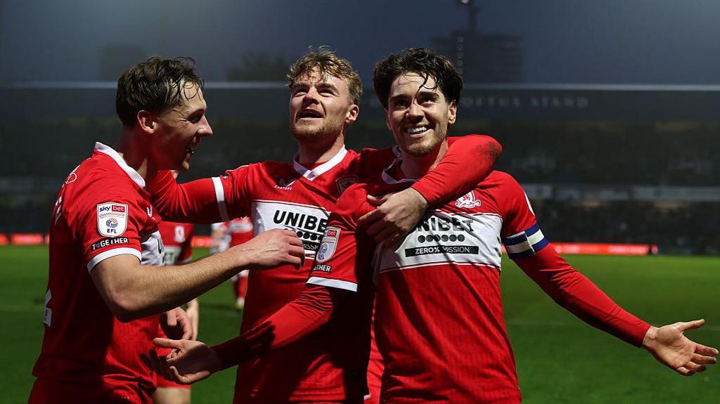 Hayden Hackney celebrates with Middlesbrough teammates after scoring against Queens Park Rangers