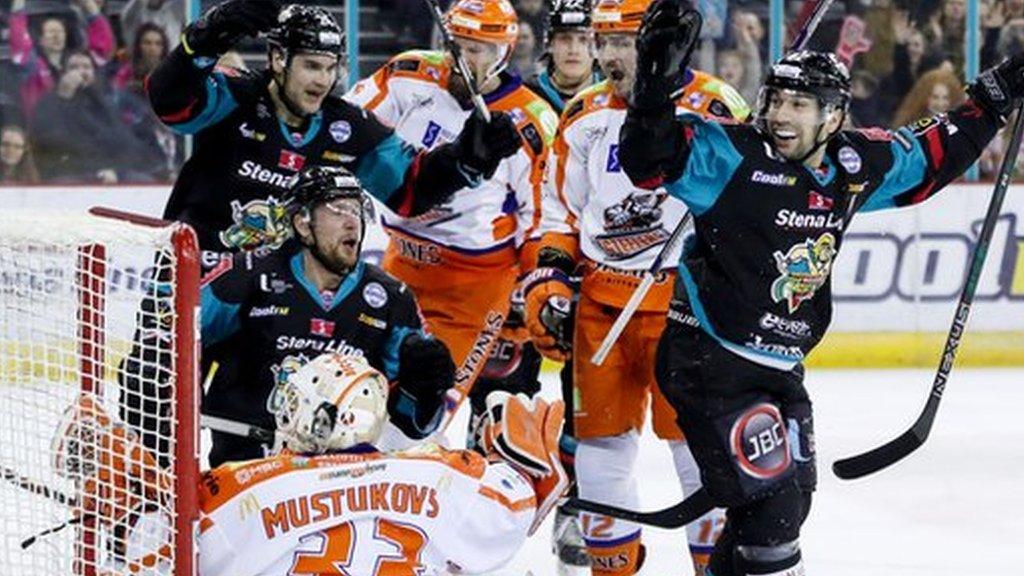 Steve Saviano celebrates his goal as the Giants edged Sheffield in a tight league tussle