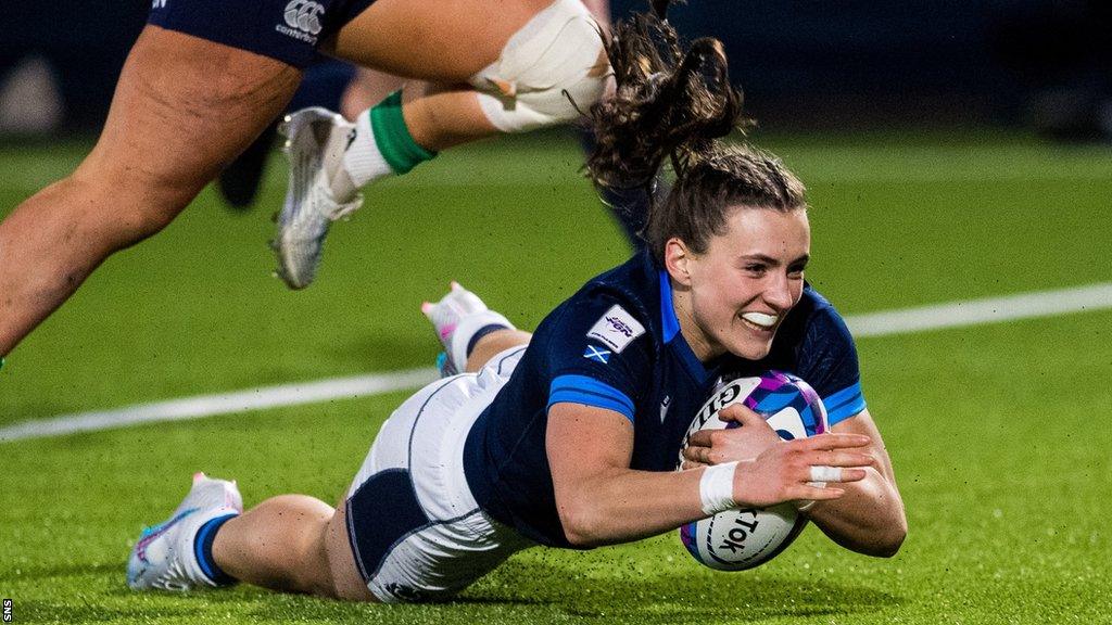 Scotland's Francesca McGhie touches down against Ireland