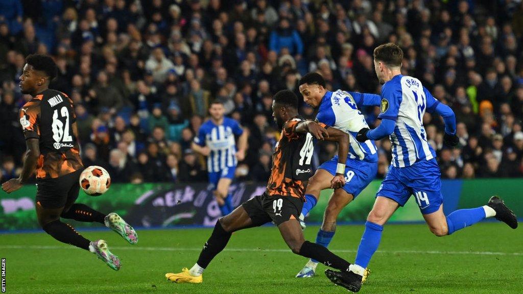 Joao Pedro celebrates scoring for Brighton at Marseille