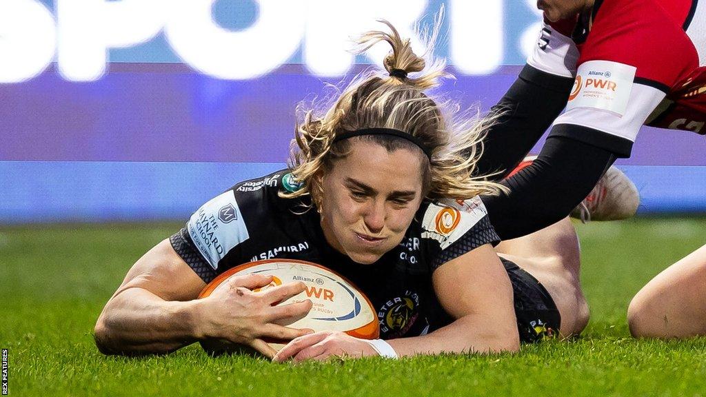 Claudia MacDonald scores a try for Exeter