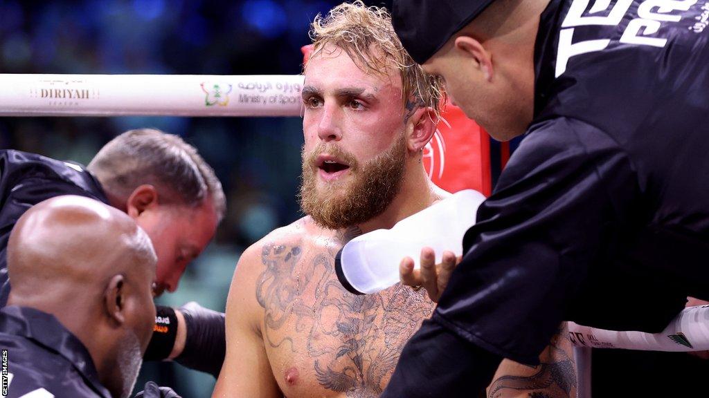 Jake Paul sitting in his corner between rounds during his fight against Tommy Fury