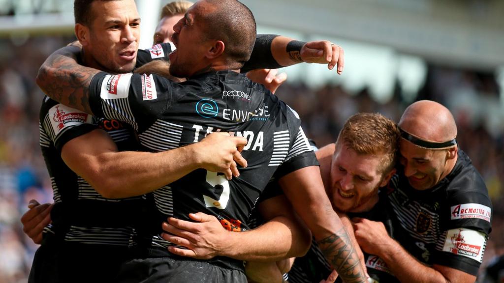 Hull FC centre Carlos Tuimavave (3) scores a try and celebrates during the Challenge Cup