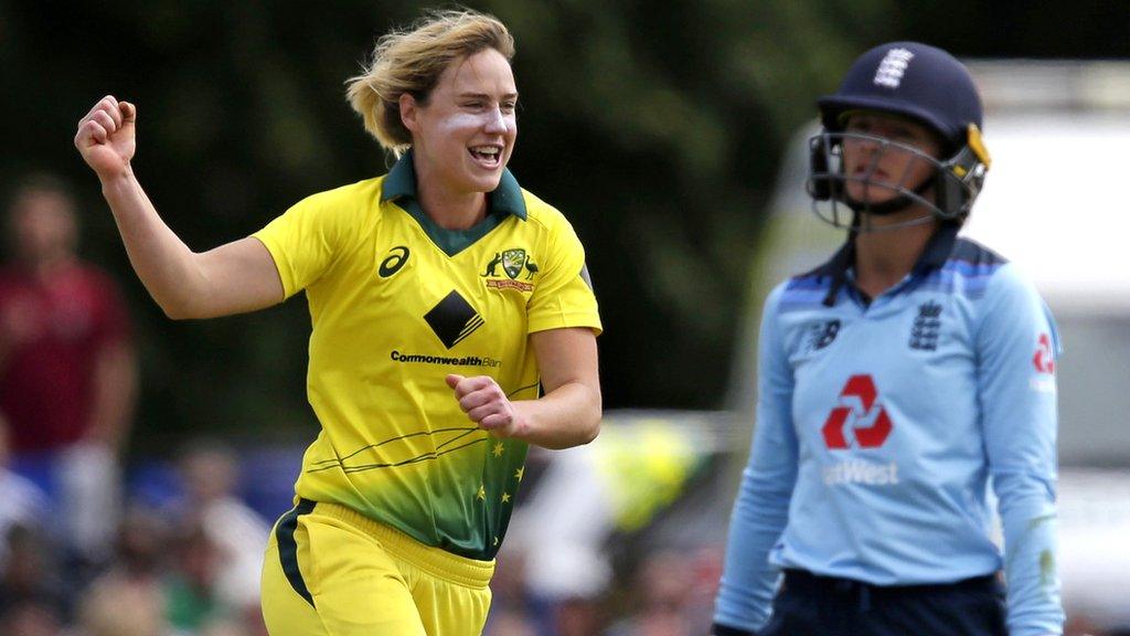 Australia's Ellyse Perry celebrates dismissing England's Danni Wyatt on her way to taking 7-22 in a one-day international at Canterbury in 2019