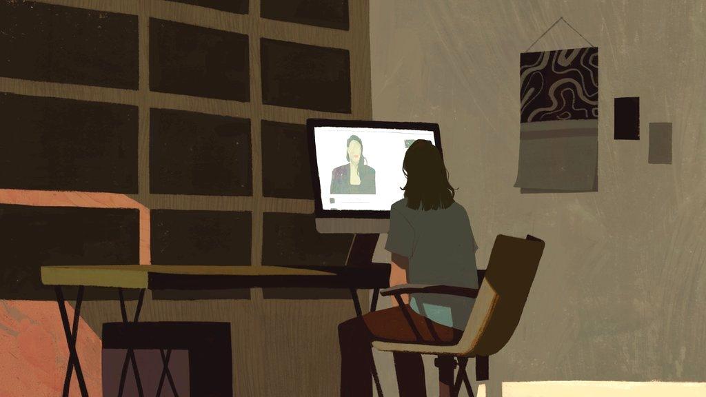 Illustration of 'Casey' looking at an image of her computer of Teal Swan