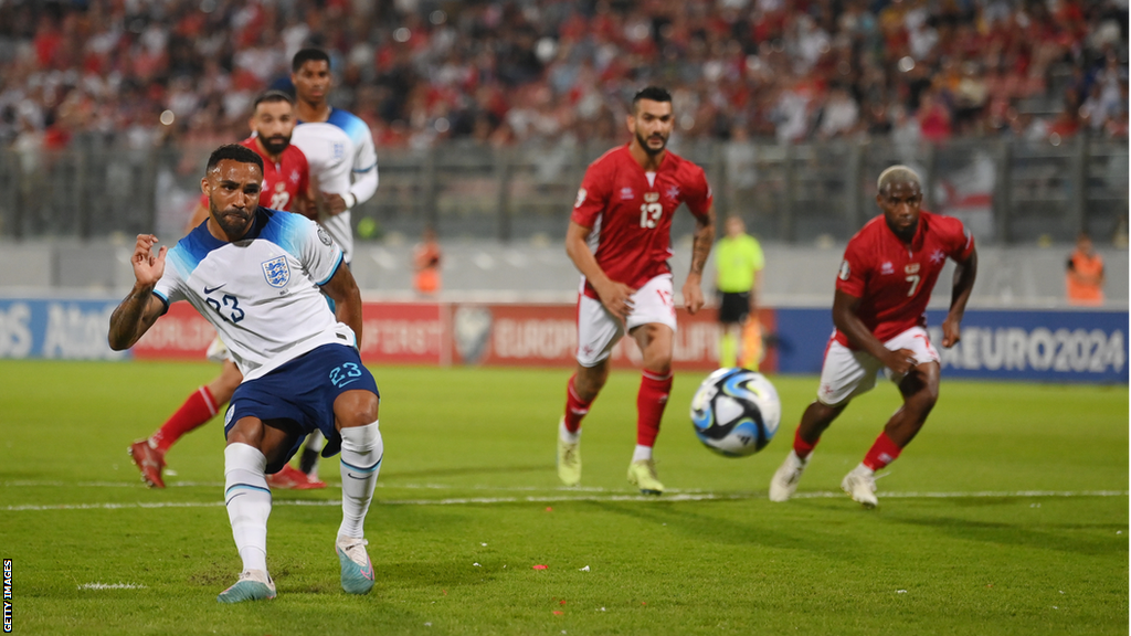 Callum Wilson scores a penalty for England against Malta in June 2023