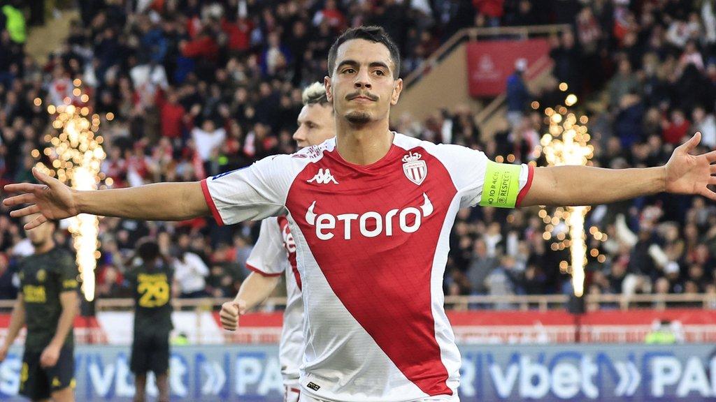 Monaco's Wissam Ben Yedder celebrates scoring against Paris St-Germain in Ligue 1