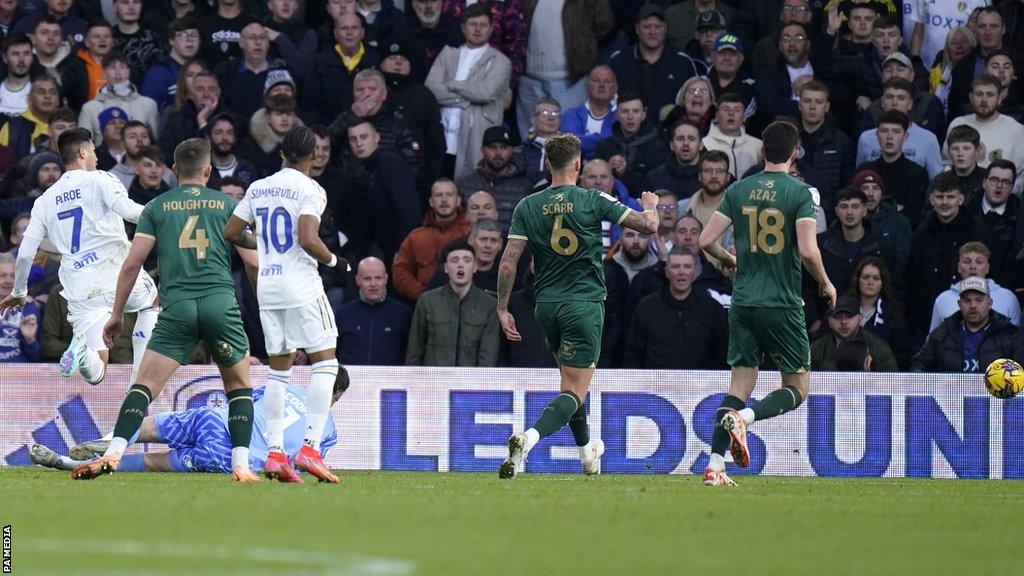 Joel Piroe scores Leeds United's second goal in their 2-1 win over Plymouth Argyle