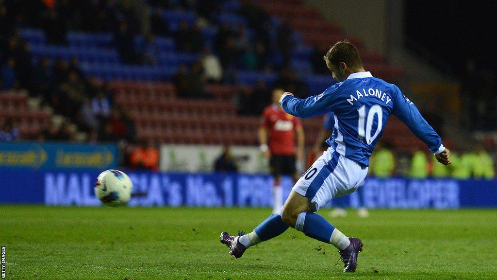 Shaun Maloney scores the winning goal against Manchester United in 2012