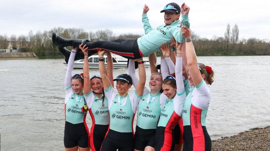 Cambridge celebrate victory in the women's boat race