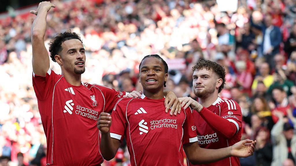 Curtis Jones, Rio Ngumoha and Harvey Elliott celebrate in pre-season friendly against Athletic Bilbao