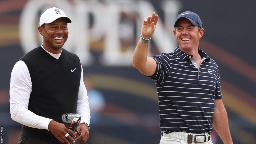 Tiger Woods and Rory McIlroy at the 150th Open Championship in St Andrews, Scotland, in July