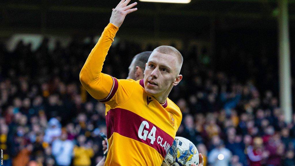 Motherwell's Mika Biereth celebrates scoring to make it 2-1 during a cinch Premiership match between Motherwell and Ross County at Fir Park