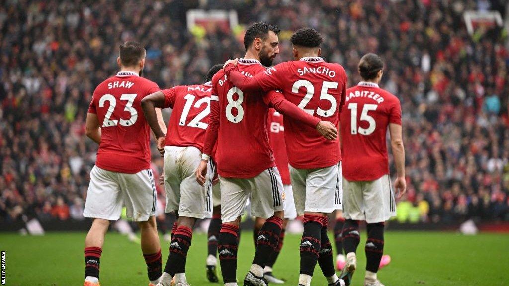 Manchester United midfielder Bruno Fernandes celebrates his opening goal against Aston Villa at Old Trafford