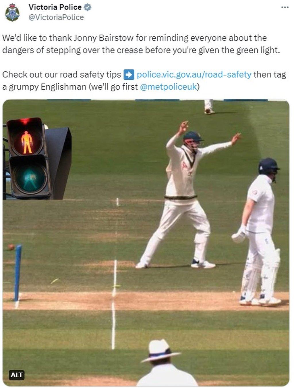 Victoria Police's Twitter post used the Bairstow incident to highlight road safety