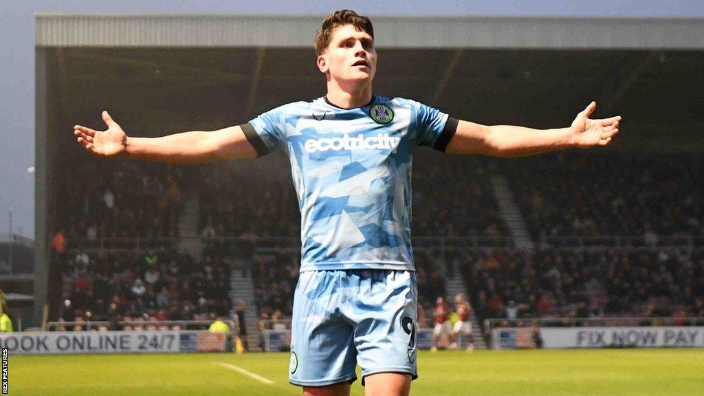 Matty Stevens celebrates scoring for Forest Green last season