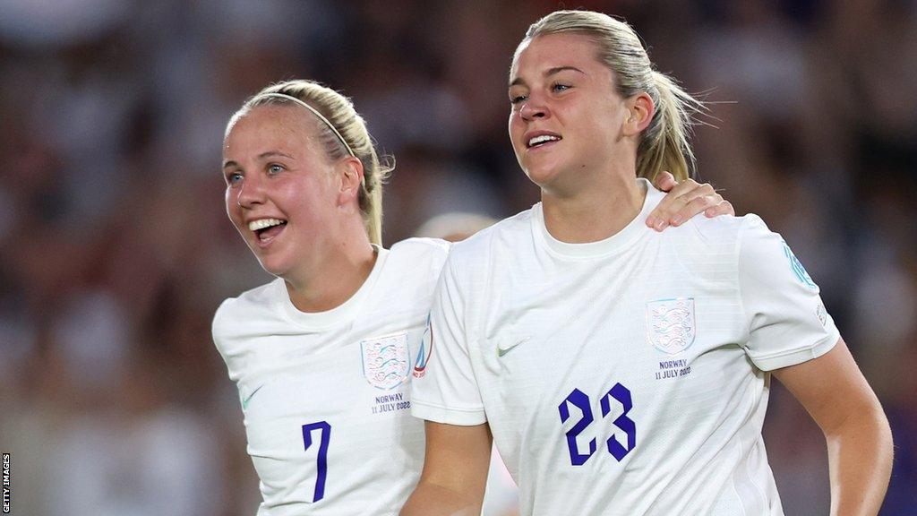 Beth Mead and Alessia Russo in action for England