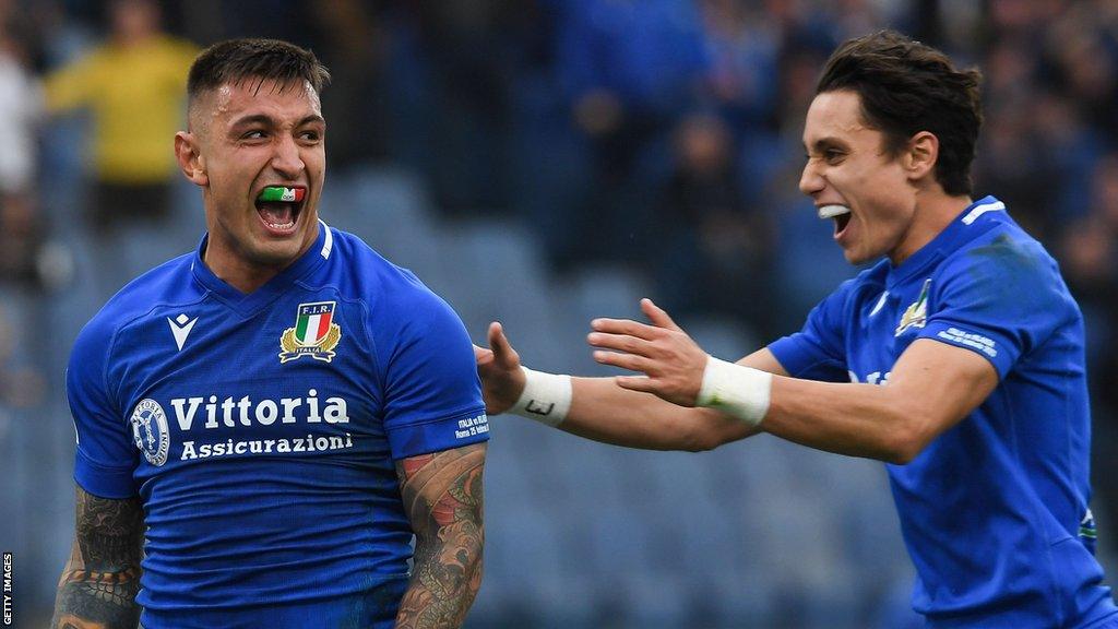 Pierre Bruno celebrates his try just before half-time