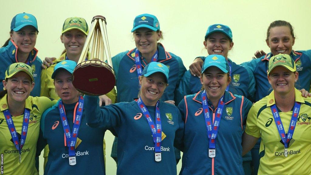 Australia with the Women's Ashes trophy