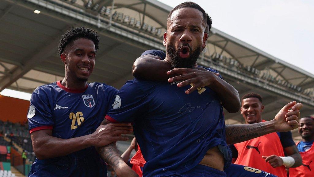 Bebe celebrates a goal for Cape Verde against Mozambique