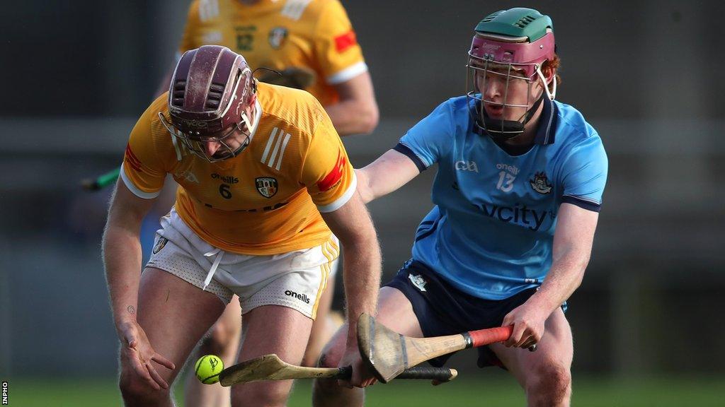 Antrim's Eoghan Campbell battles with Dublin's Diarmaid Ó Dúlaing in last year's League game at Parnell Park