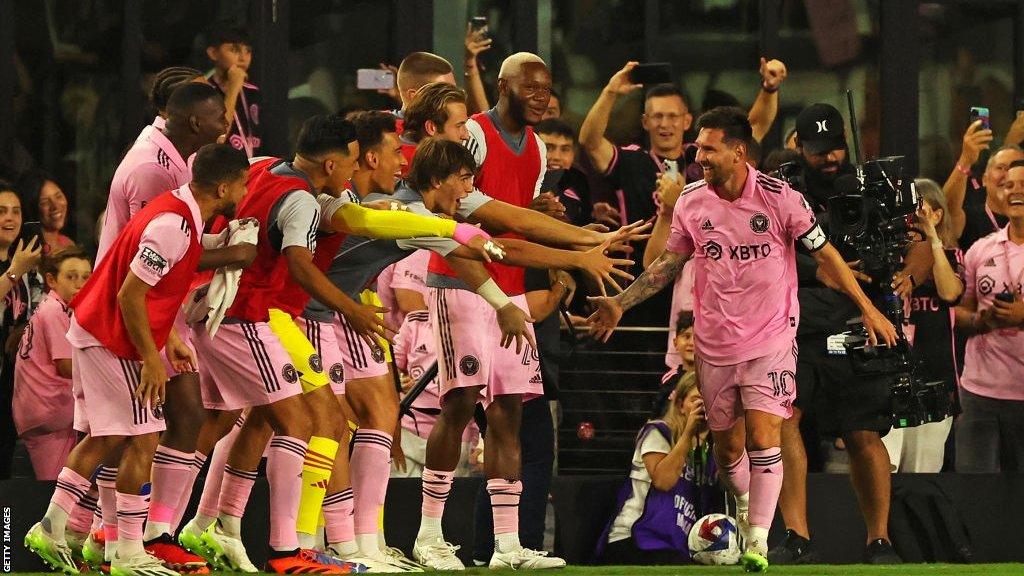 Inter Miami players celebrate their first win in 12 games with match-winner Lionel Messi