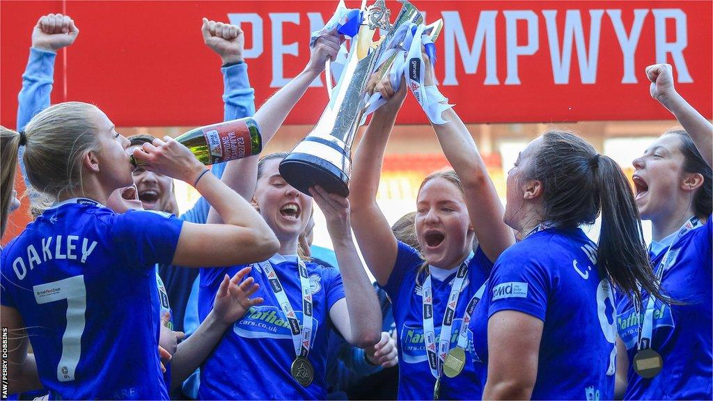 Cardiff City celebrate winning last season's Genero Adran Premier title