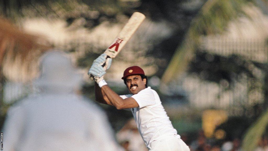 Kapil Dev plays an attacking shot